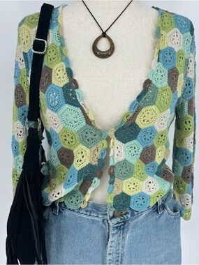 NIC+ZOE Boho Crochet Patchwork Cardigan Green Blue Granny Square Indie Top